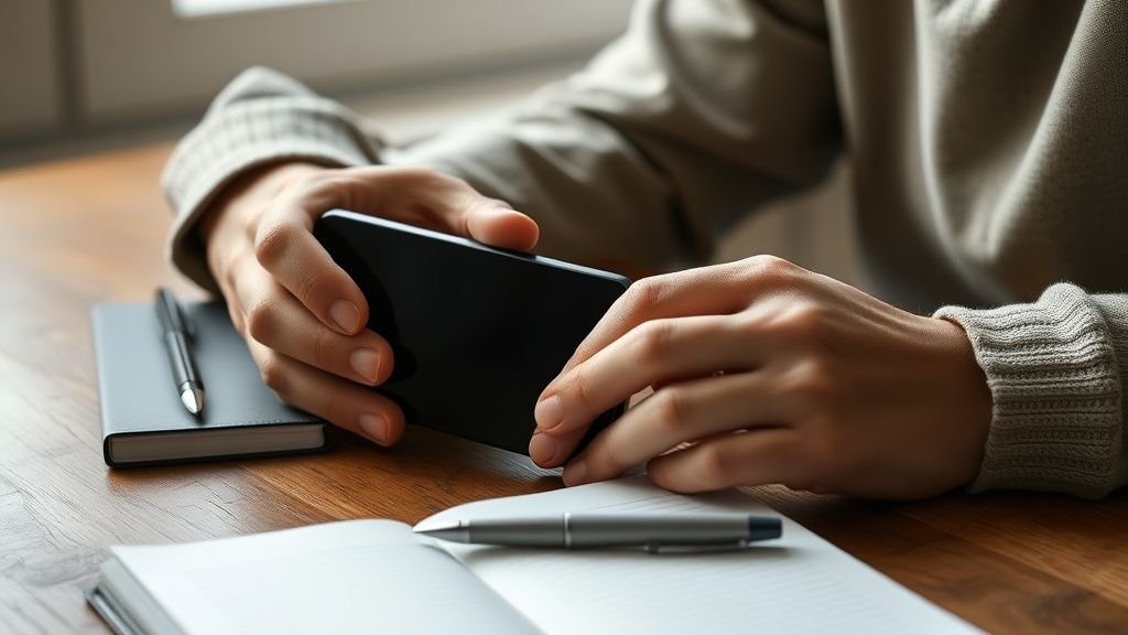 Mains tenant un objet type smartphone éteint près d’un carnet sur une table en bois