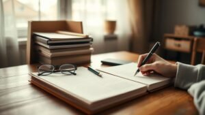 Main écrivant une lettre personnelle sur une table calme avec dossiers et lumière naturelle