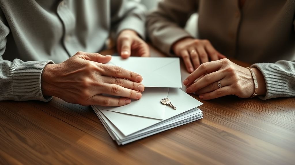 Mains de couple rangeant des enveloppes et une clé sur une table en bois sous lumière douce