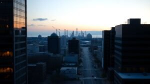 Paysage urbain financier au crépuscule avec raffinerie lointaine et immeubles de bureaux, ambiance documentaire