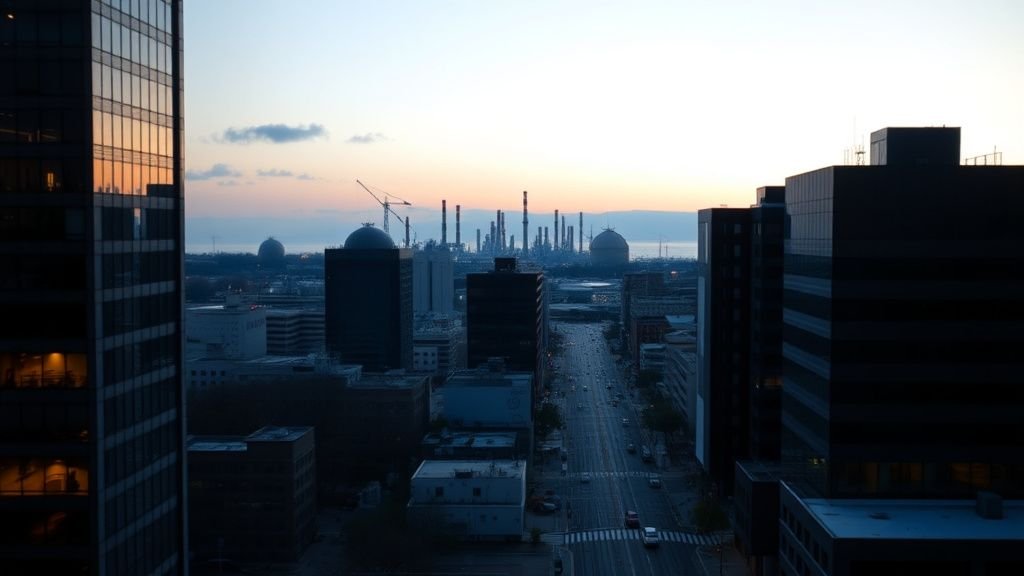 Paysage urbain financier au crépuscule avec raffinerie lointaine et immeubles de bureaux, ambiance documentaire