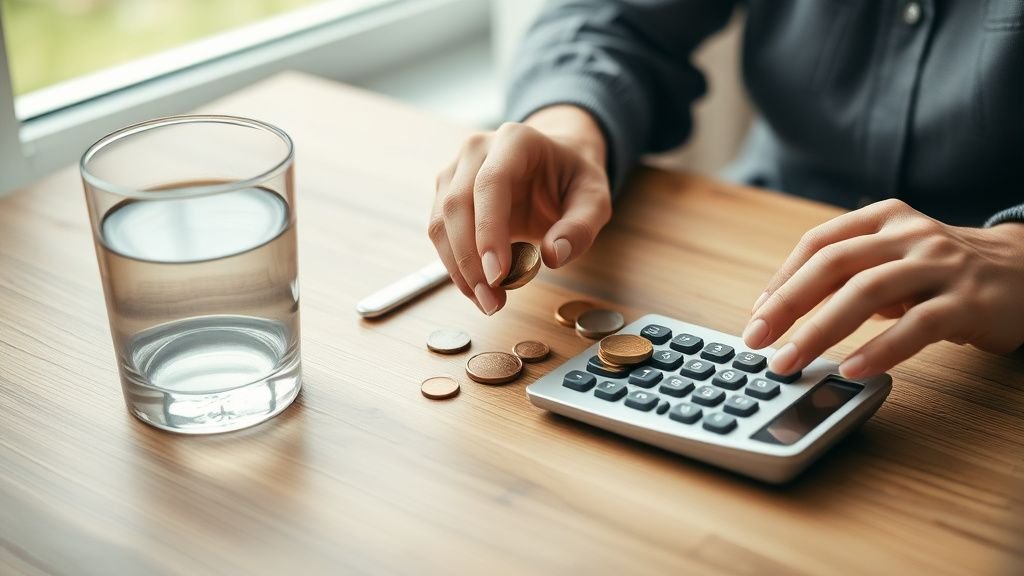 Mains posant des pièces et une calculatrice sur une table en bois sous lumière naturelle