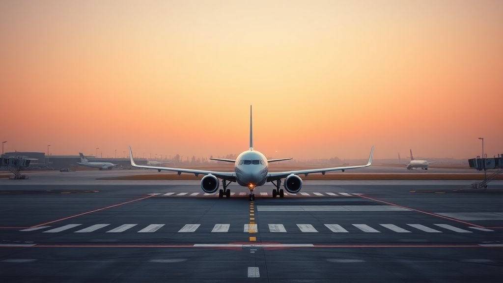 Avion de ligne sur le tarmac d’un aéroport au lever du jour, illustrant l’action Air France en Bourse