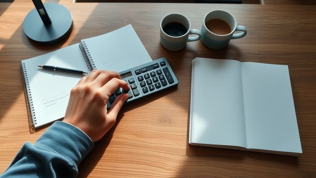 Mains sur un bureau avec calculatrice et carnet vierge, illustrant l’analyse financière d’une action