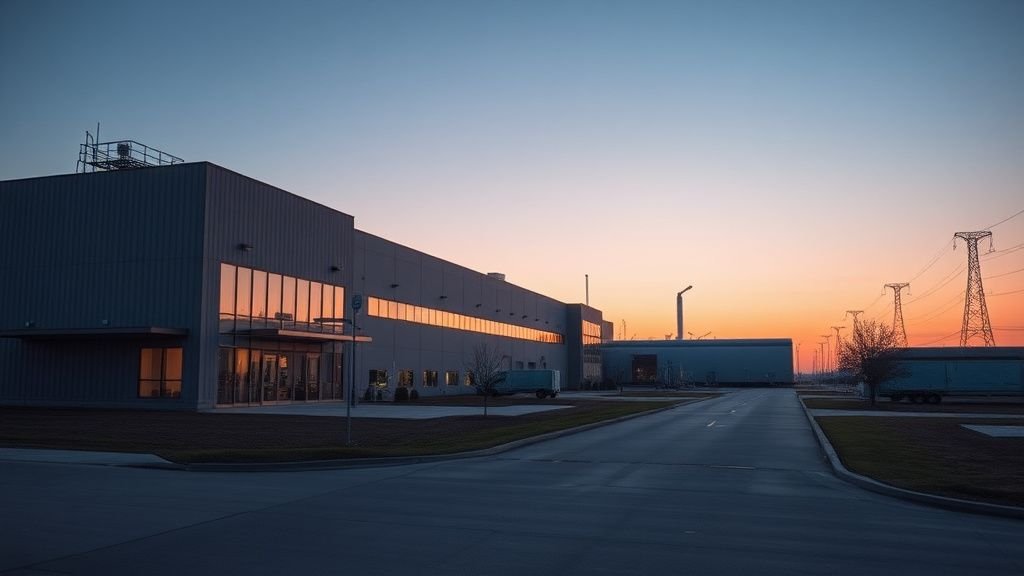 Vue d’un site industriel lié aux semi-conducteurs sous lumière naturelle, ambiance documentaire et sobre