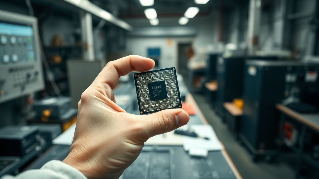 Main tenant une petite plaquette de silicium au-dessus d’un établi, dans une ambiance industrielle sobre