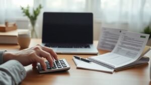 Bureau calme avec calculatrice et main prête à sélectionner une action PEA en 2026