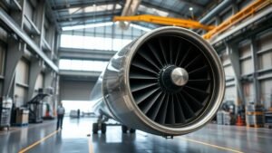 Vue d’un atelier aéronautique moderne avec un moteur d’avion en premier plan sous lumière naturelle