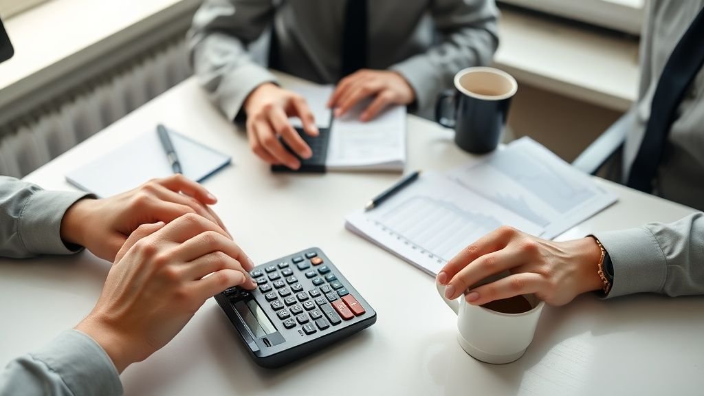Mains consultant des chiffres sur un bureau sobre avec calculatrice sous lumière naturelle