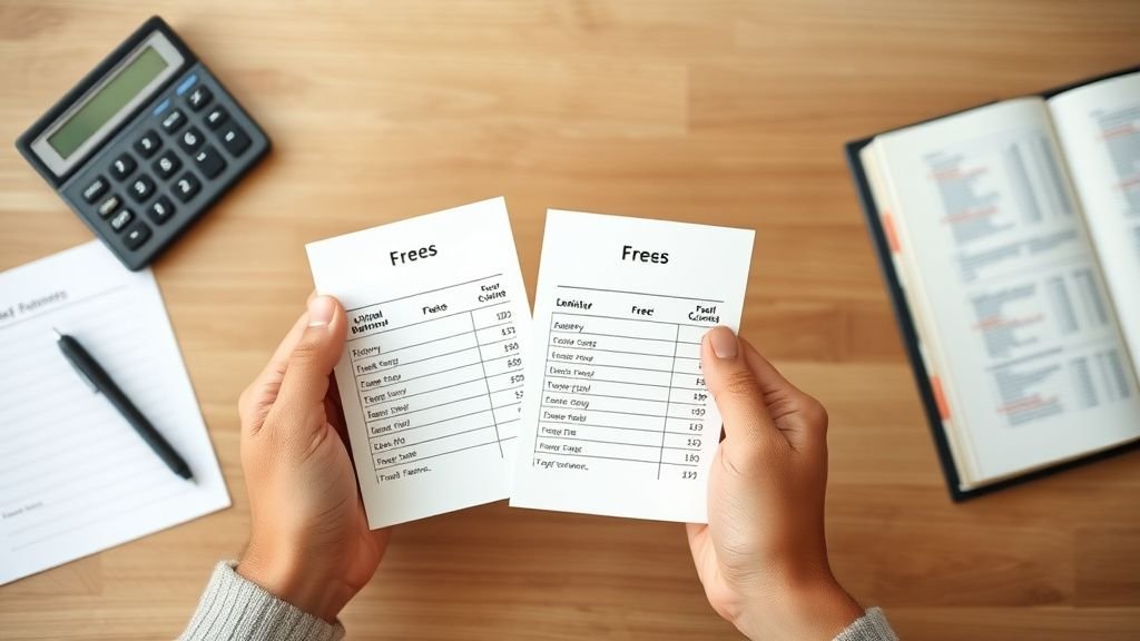 Mains comparant des frais sur un bureau avec calculatrice, pour illustrer la sélection d’un courtier en Bourse