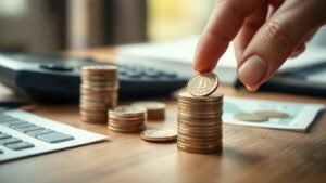 Pièces empilées et main posant une pièce sur une table, illustrant la dette publique et les finances françaises