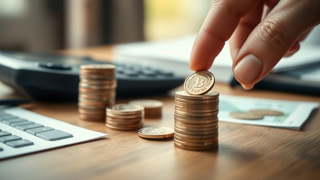Pièces empilées et main posant une pièce sur une table, illustrant la dette publique et les finances françaises