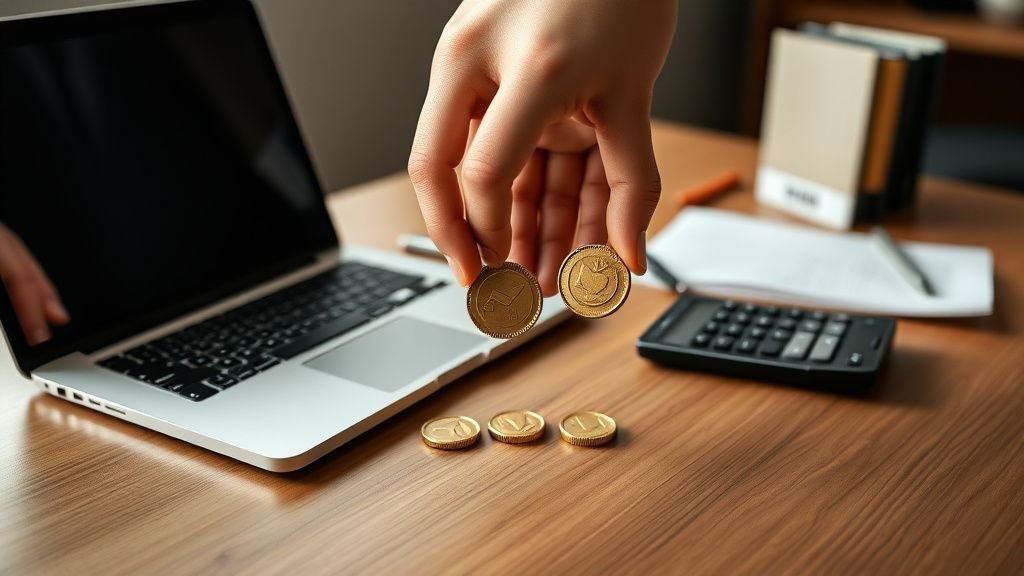 Main sur un bureau avec calculatrice et objets financiers neutres, illustrant un ETF à effet de levier