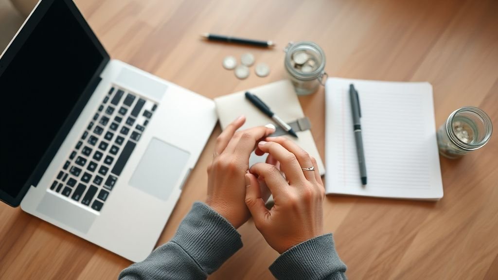 Mains organisant des pièces et un carnet sur un bureau, ambiance de préparation d’investissement en Bourse