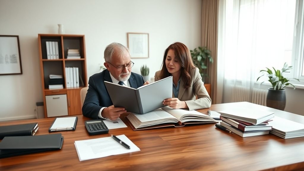 Réunion patrimoniale discrète autour d’un bureau en bois dans un cadre de family office