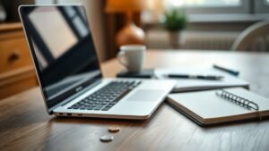 Bureau sobre avec carnet et pièces, illustrant la gestion passive et l’investissement indiciel