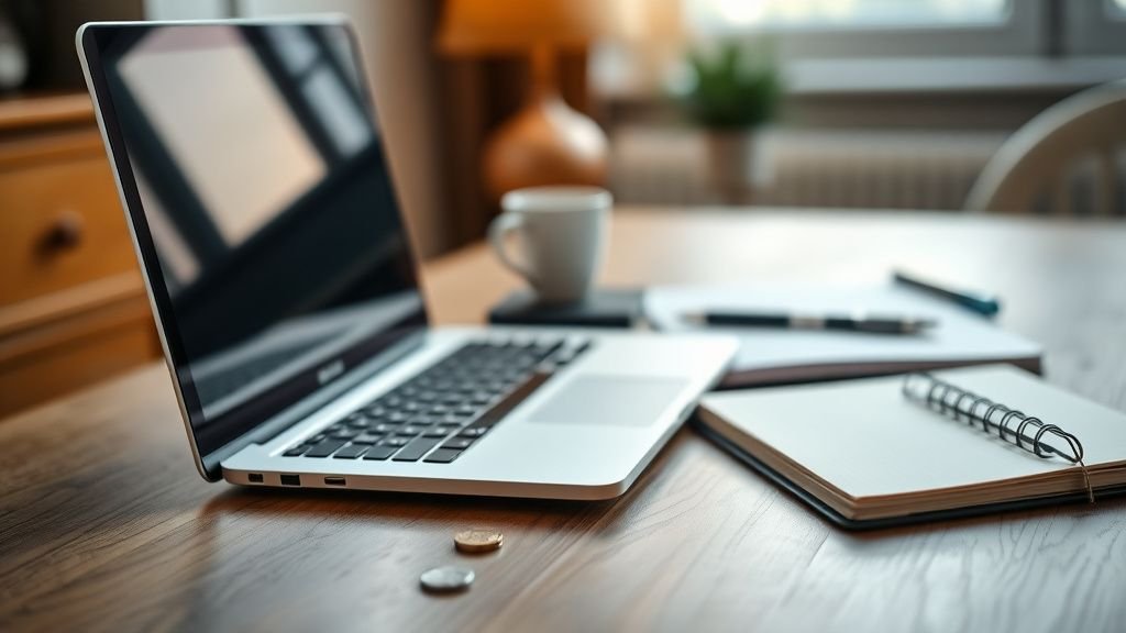 Bureau sobre avec carnet et pièces, illustrant la gestion passive et l’investissement indiciel