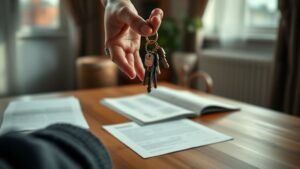 Mains tenant des clés dans un intérieur lumineux, illustrant l’immobilier locatif et la location nue