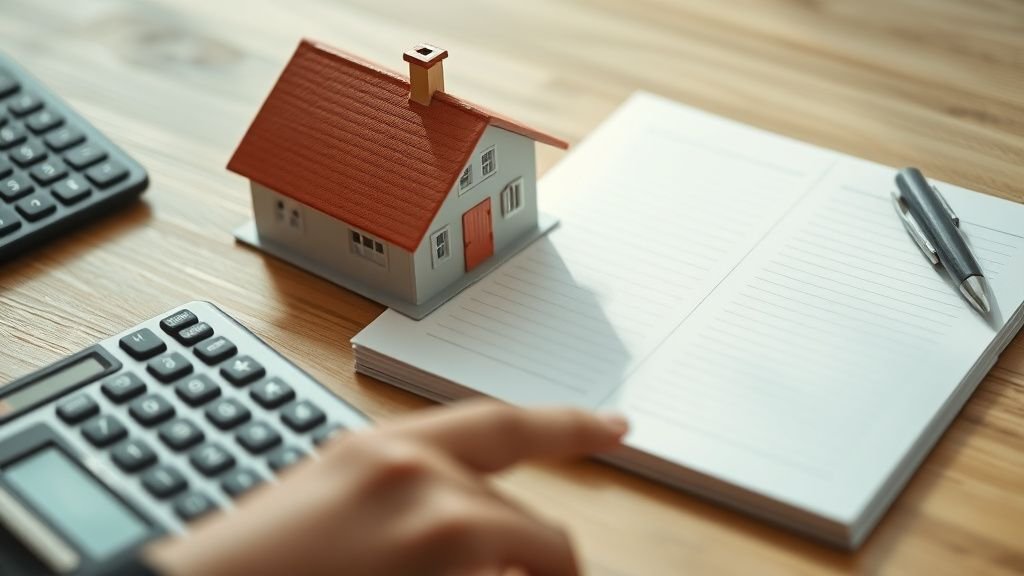 Maquette de maison et calculatrice sur une table, évoquant l’amortissement et le rendement net
