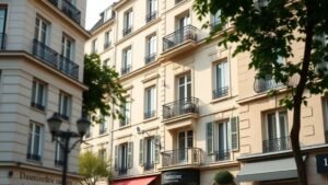 Façade d’un immeuble patrimonial en France sous une lumière naturelle douce