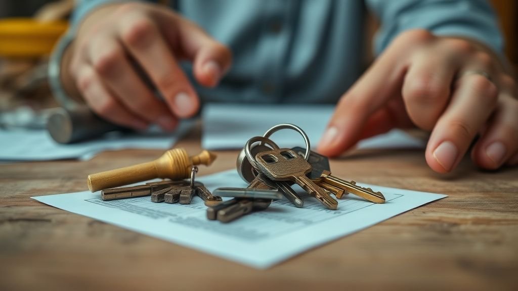 Mains examinant des clés de maison sur une table en bois dans une ambiance de rénovation