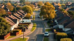 Quartier résidentiel de périphérie avec maisons individuelles sous une lumière matinale naturelle