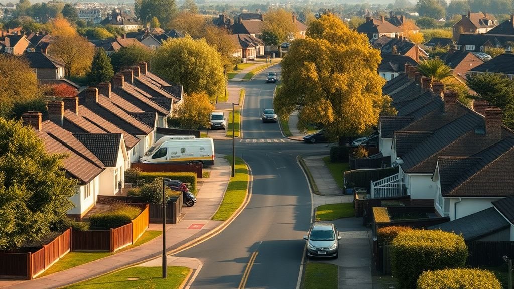 Quartier résidentiel de périphérie avec maisons individuelles sous une lumière matinale naturelle