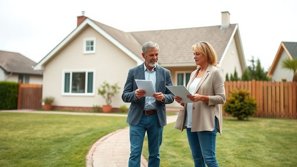 Couple et agent immobilier devant une maison individuelle dans une ambiance calme et naturelle