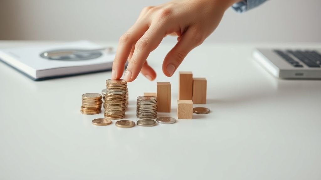 Mains disposant des pièces et des blocs abstraits sur un bureau, ambiance financière sobre et naturelle
