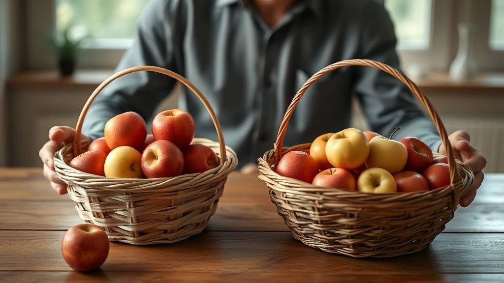 Deux paniers de fruits de tailles différentes sur une table en bois, illustration visuelle de la diversification