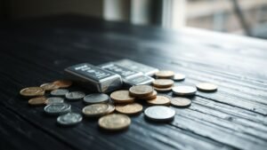 Lingots et pièces d’argent sur une table en bois, éclairage naturel et ambiance financière sobre