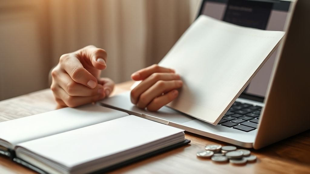 Mains près de pièces d’argent et d’un carnet vierge dans une ambiance de bureau lumineuse