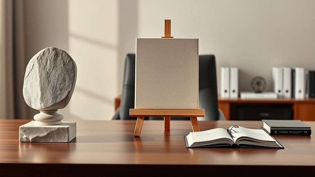Bureau de banque privée avec objets symboliques d’investissements alternatifs sous lumière naturelle