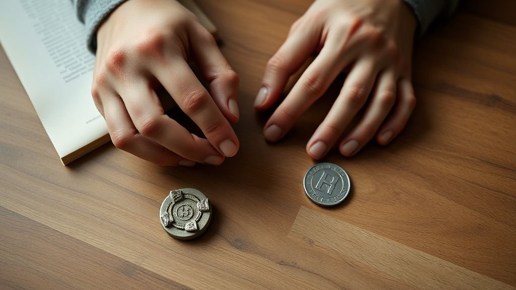 Mains examinant un objet d’art et un jeton neutre sur une table en bois sous lumière naturelle