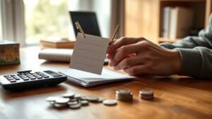 Mains avec clés, calculatrice et pièces sur une table en bois dans un bureau lumineux