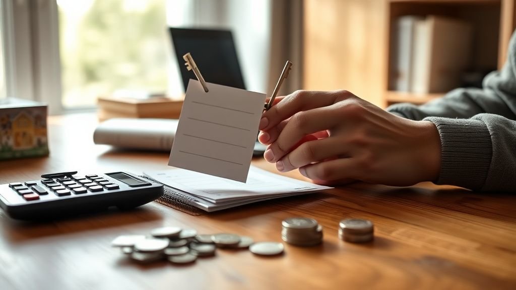 Mains avec clés, calculatrice et pièces sur une table en bois dans un bureau lumineux