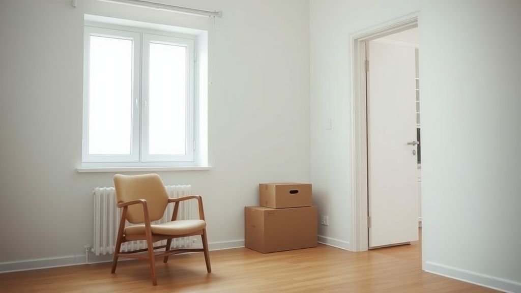 Intérieur d’un appartement meublé vide avec cartons de déménagement et lumière naturelle