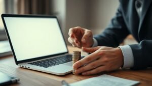 Mains posant des pièces près d’un ordinateur sur un bureau, illustrant le margin trading et le risque