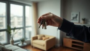 Personne tenant des clés devant une fenêtre dans un appartement moderne, ambiance immobilière sobre