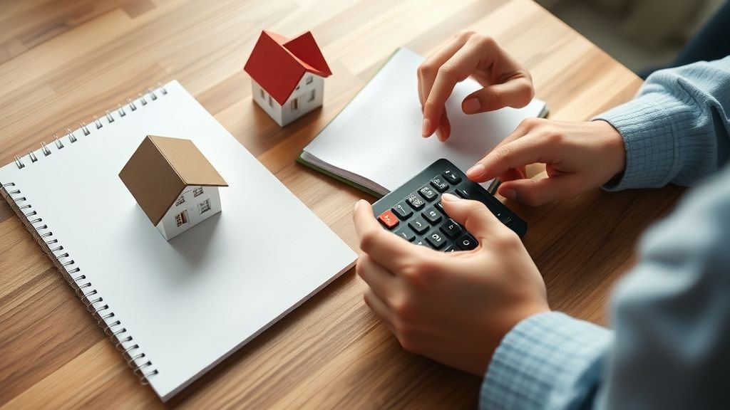 Mains calculant le coût d’un projet immobilier à côté d’une maquette de maison sur une table