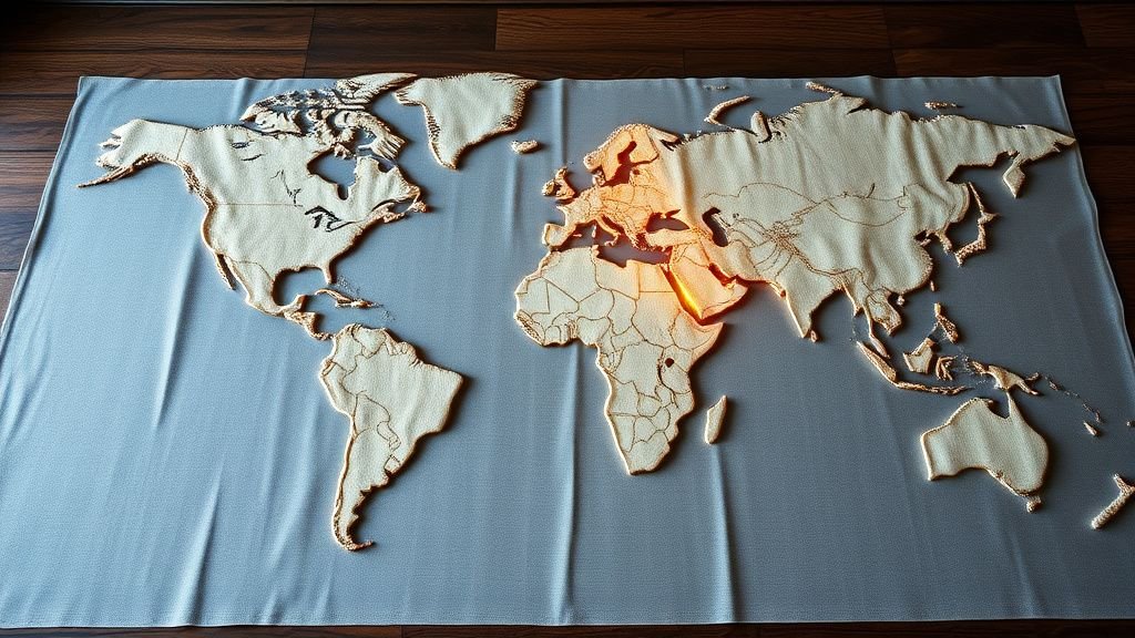 Carte du monde en tissu posée sur une table, illustrant la différence entre marchés développés et émergents