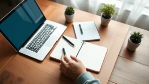 Mains organisant un bureau sobre pour préparer l’ouverture d’un PEA sous lumière naturelle