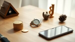 Objets symbolisant des placements atypiques sur un bureau en bois, sous une lumière naturelle douce