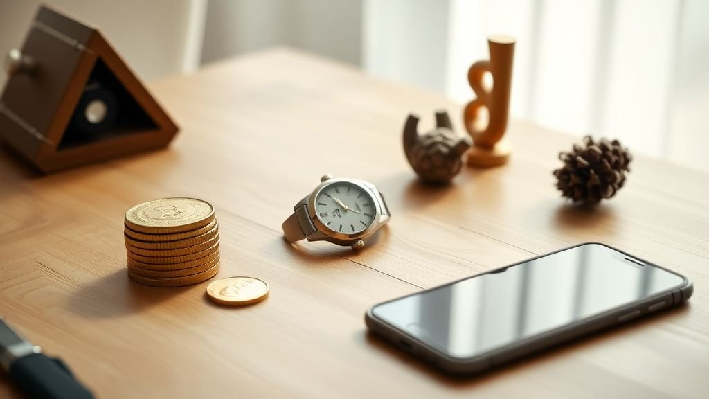 Objets symbolisant des placements atypiques sur un bureau en bois, sous une lumière naturelle douce
