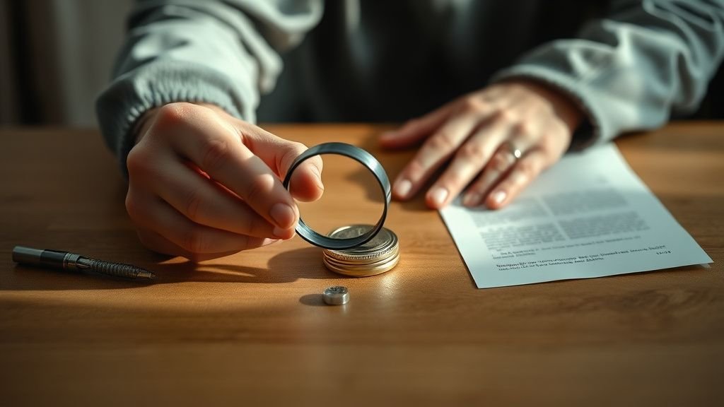 Mains examinant un objet de collection rare à la loupe sur une table en bois