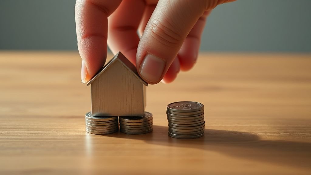 Main posant une petite maison métallique près d’une pile de pièces sur une surface en bois