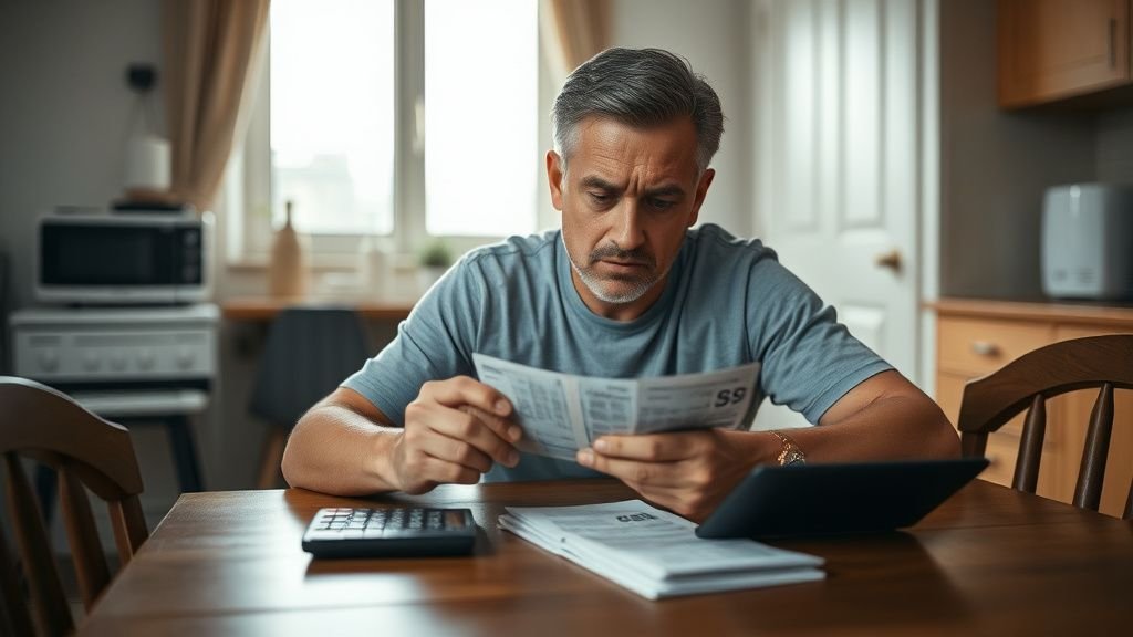Locataire face à ses finances, avec calculatrice et papiers génériques sur une table dans un intérieur sobre