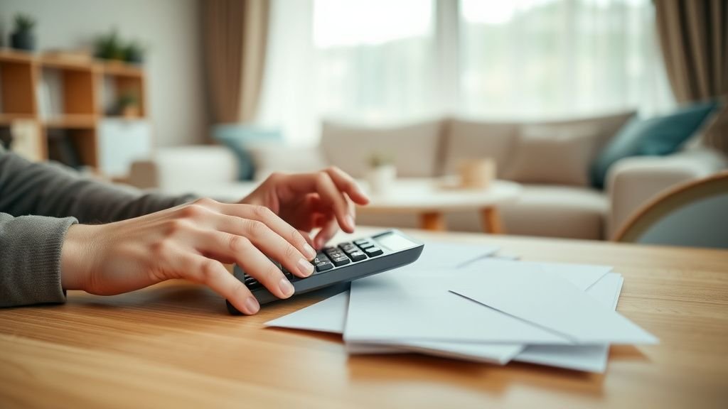 Mains organisant un budget domestique avec calculatrice sur une table dans un logement sobre