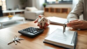 Mains avec calculatrice et clés sur une table en bois dans un intérieur d’appartement lumineux