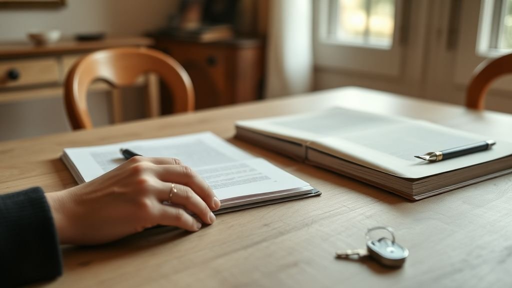 Table familiale avec dossier notarial, clés de maison et mains posées dans une ambiance calme et naturelle